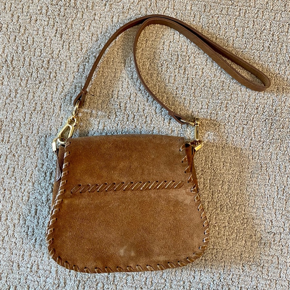 Brown Suede Purse, Crossbody Bag, Gold Accents, CARLA MANCINI HANDBAGS